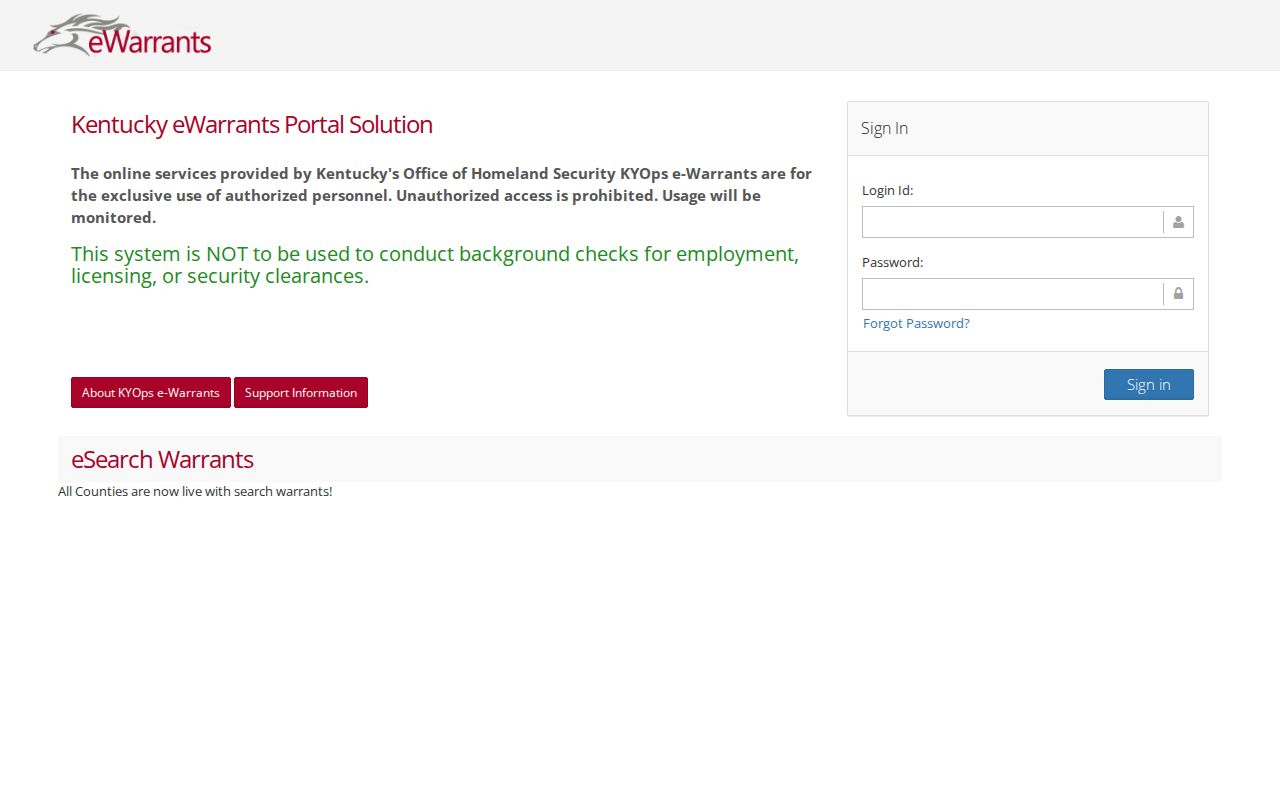 Kentucky eWarrants official login and access boundary