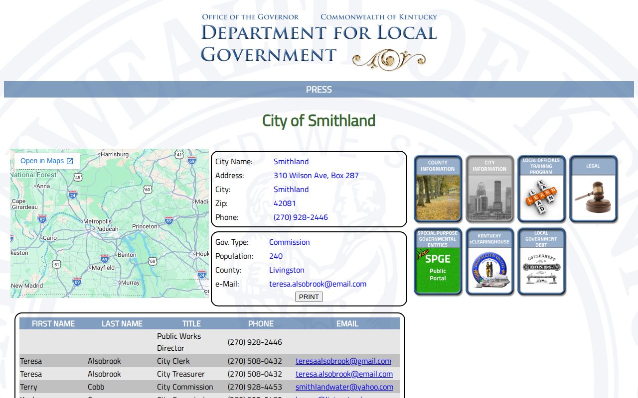 Smithland Kentucky official city profile for busted mugshot records context